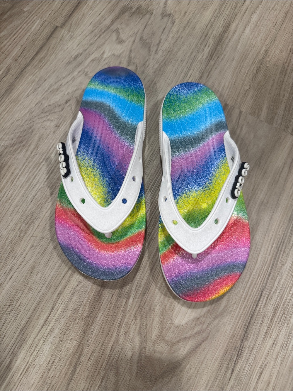 White Crocs with Rainbow Flip Flops